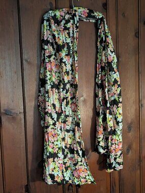 Cejon Floral Motif Scarf / Wrap - Black, pink, white, yellow - 100% Polyester